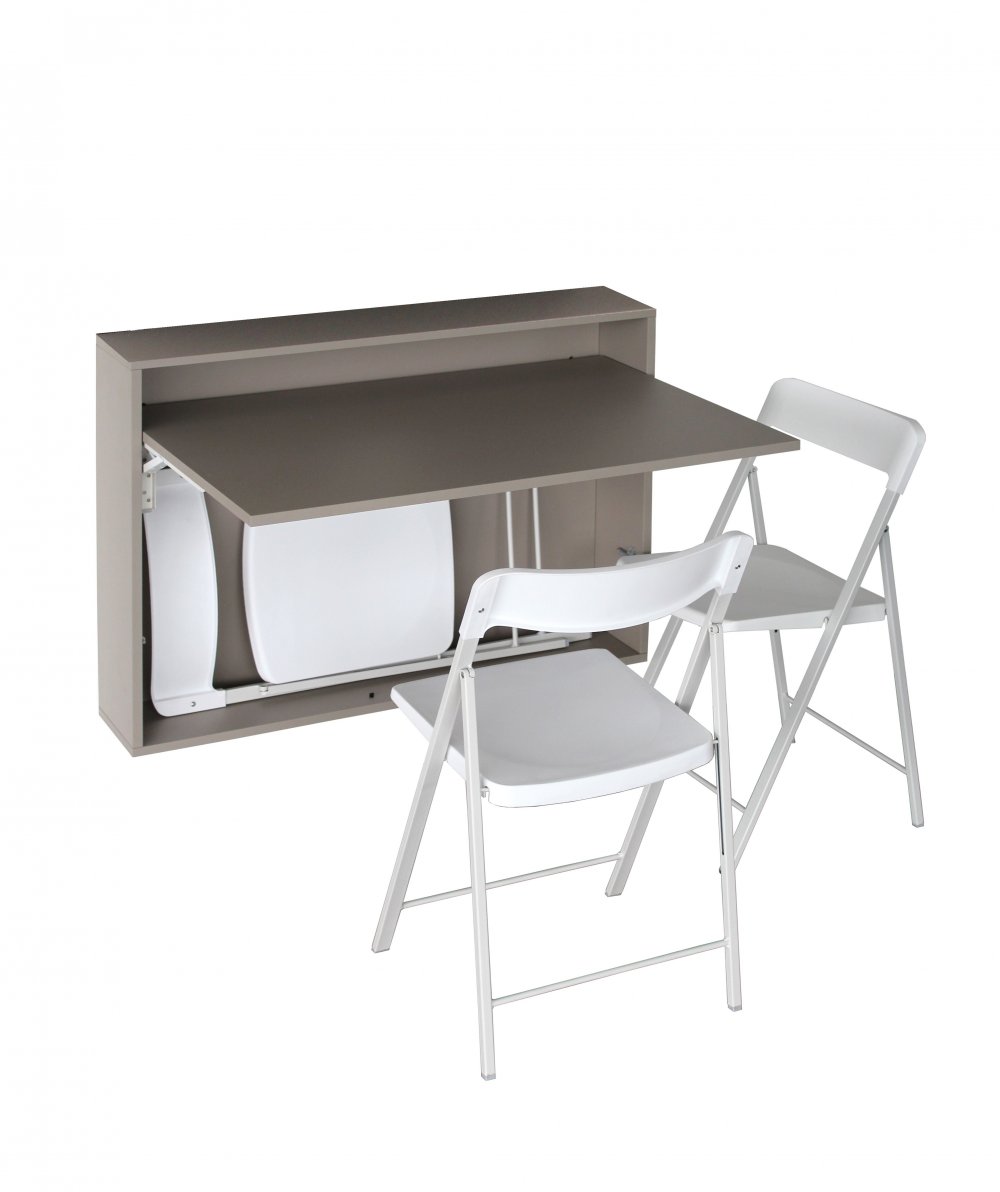 Bureau/Table Extensible mural Gris taupe avec 3 chaises intégrées blanche